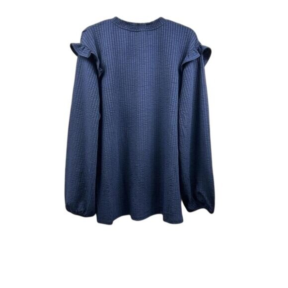 Kaileigh Blouse Womens Large Navy Ruffle Faux Button Long Sleeve Textured Boho - Picture 3 of 6